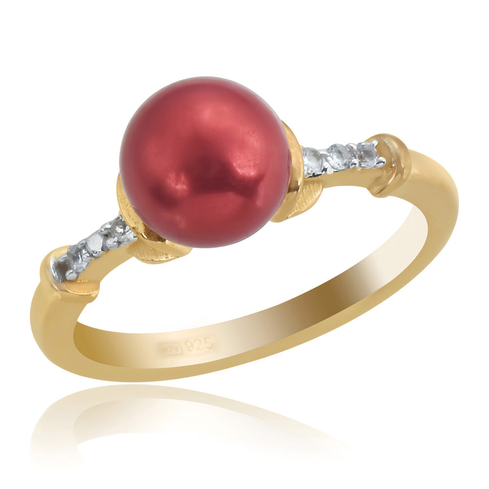 Goldplattierter Silberring mit roter Süßwasserperle und weißem Topas