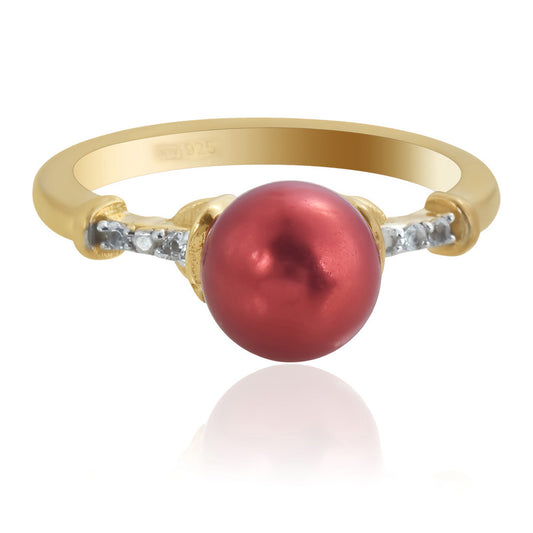 Goldplattierter Silberring mit roter Süßwasserperle und weißem Topas