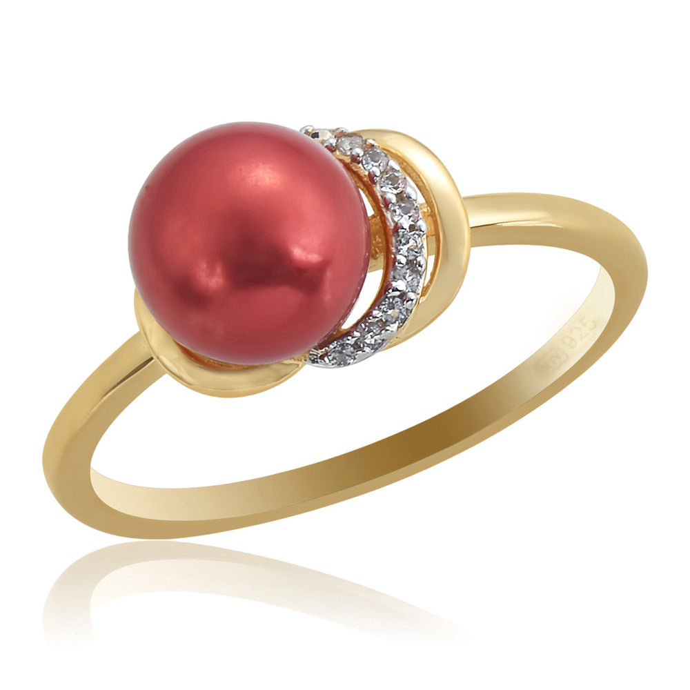 Goldplattierter Silberring mit roter Süßwasserperle und weißem Topas