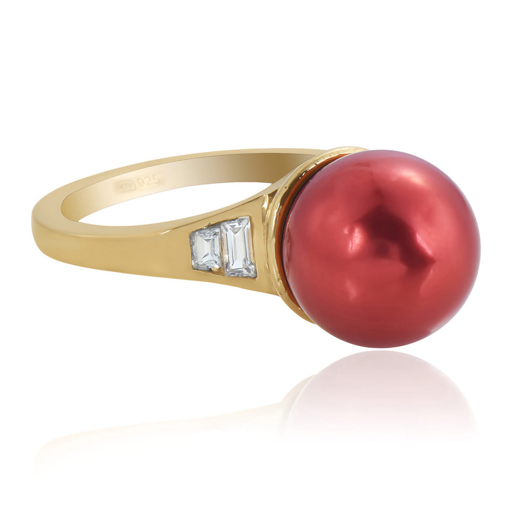 Goldplattierter Silberring mit roter Süßwasserperle und weißem Topas