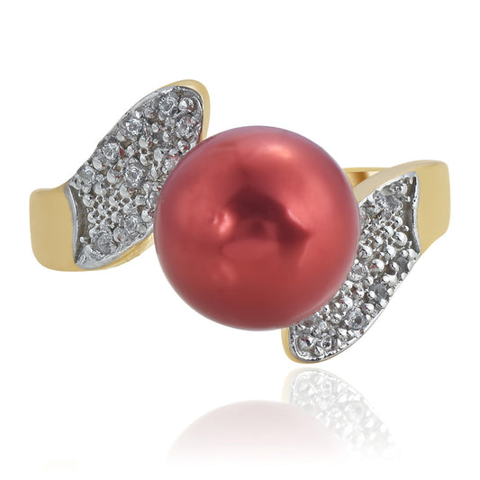 Goldplattierter Silberring mit roter Süßwasserperle und weißem Topas