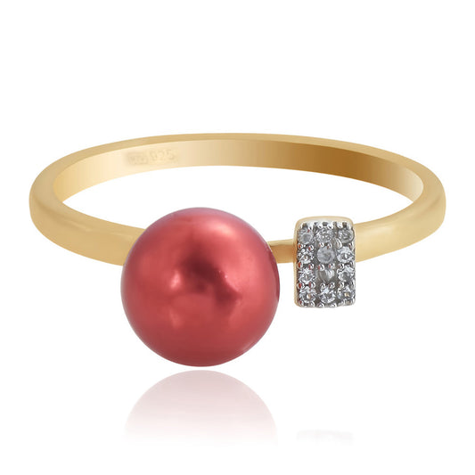Goldplattierter Silberring mit roter Süßwasserperle und weißem Topas