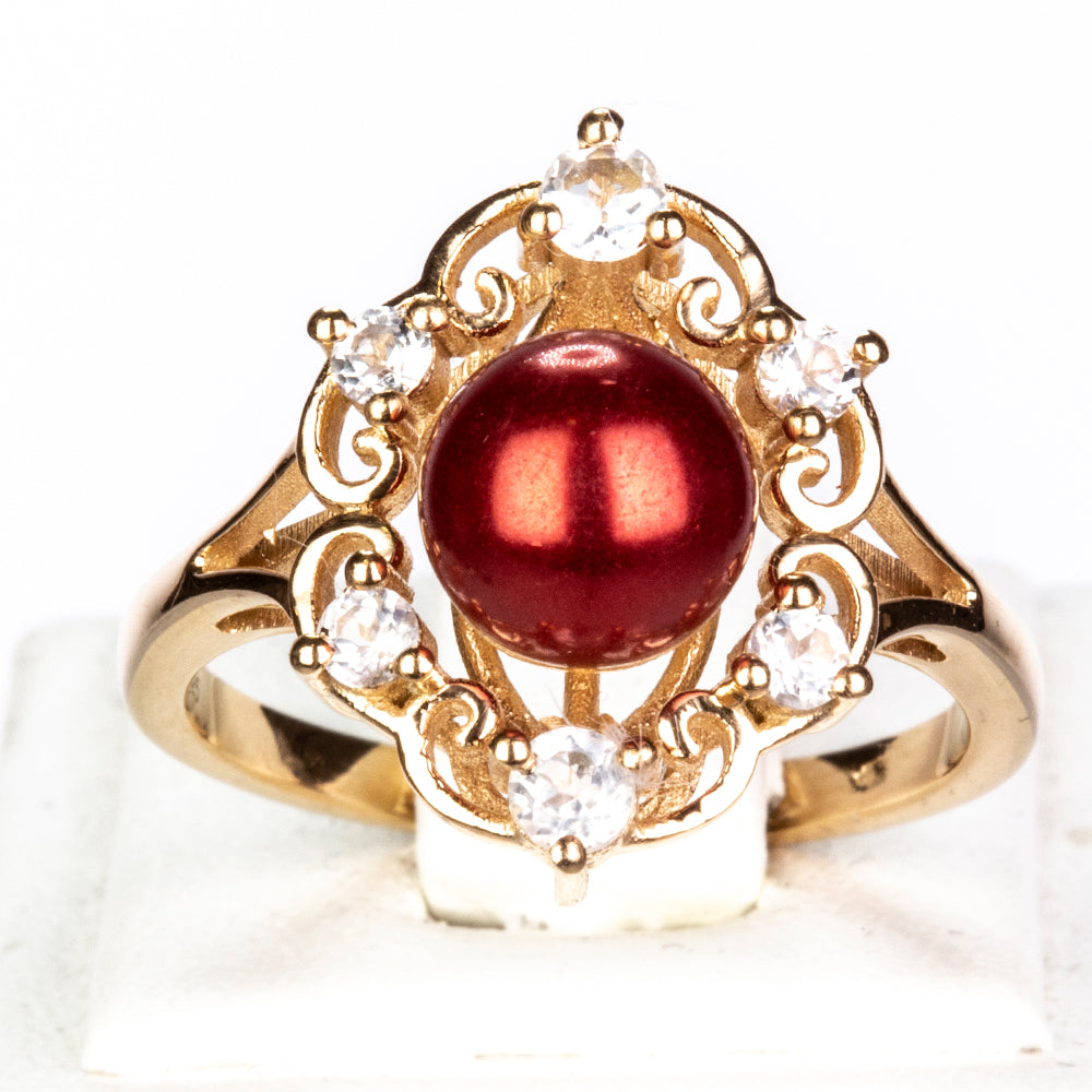 Goldplattierter Silberring mit roter Süßwasserperle und weißem Topas