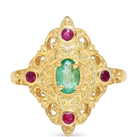 Goldplattierter Silberring mit Rubin aus Madagaskar und brasilianischem Smaragd