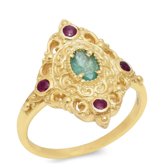 Goldplattierter Silberring mit Rubin aus Madagaskar und brasilianischem Smaragd