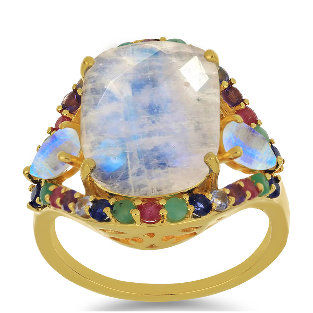 Goldplattierter Silberring mit Regenbogenmondstein und Tansanit