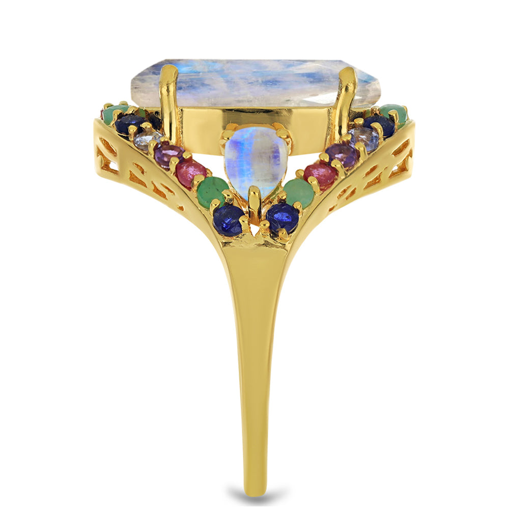 Goldplattierter Silberring mit Regenbogenmondstein und Tansanit