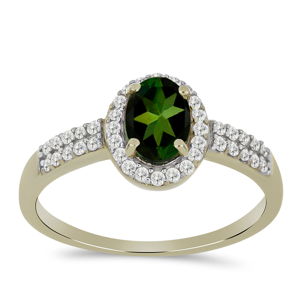 Goldring mit grünem Turmalin und weißem Zirkon