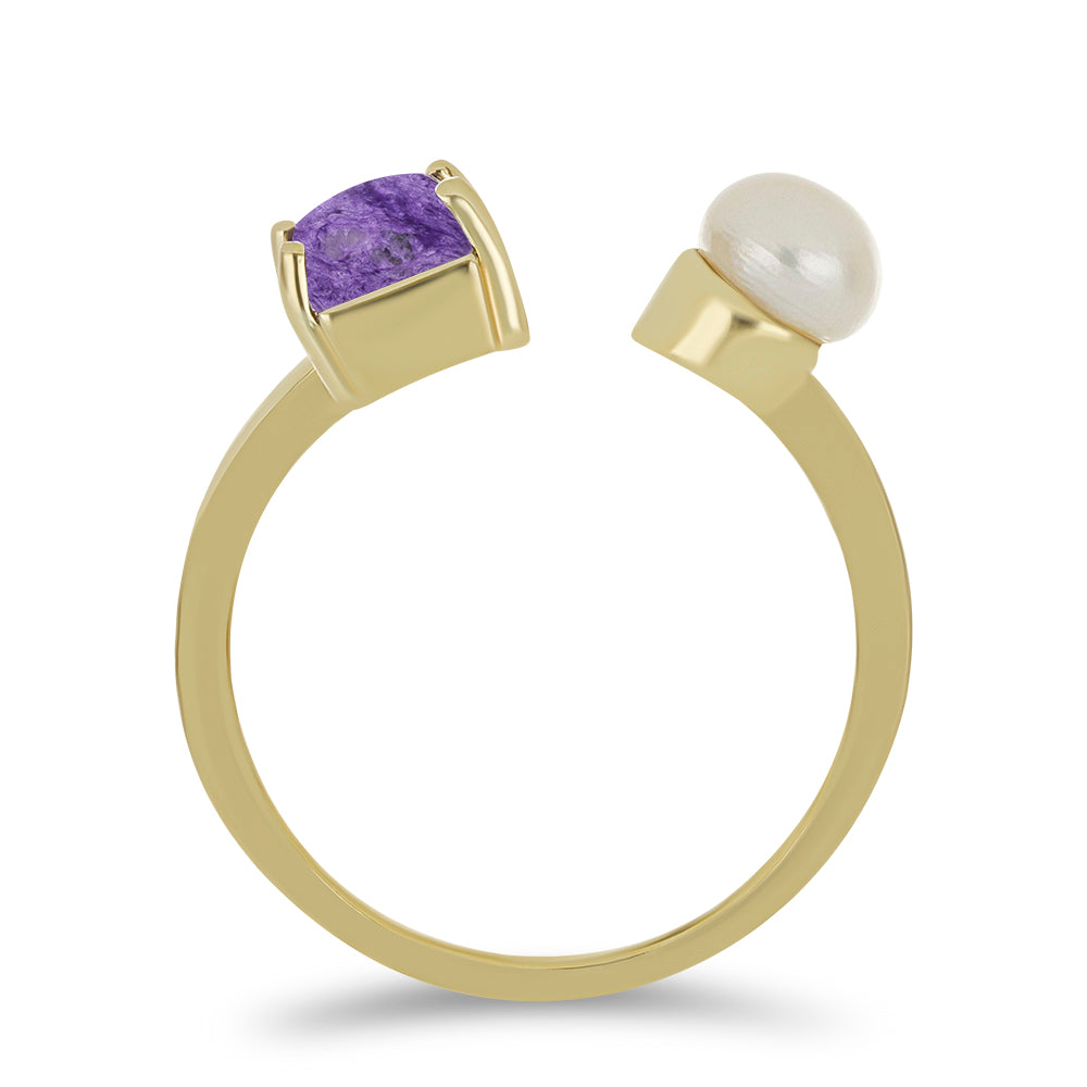 Goldplattierter Silberring mit Charoit und weißer Süßwasserperle 2