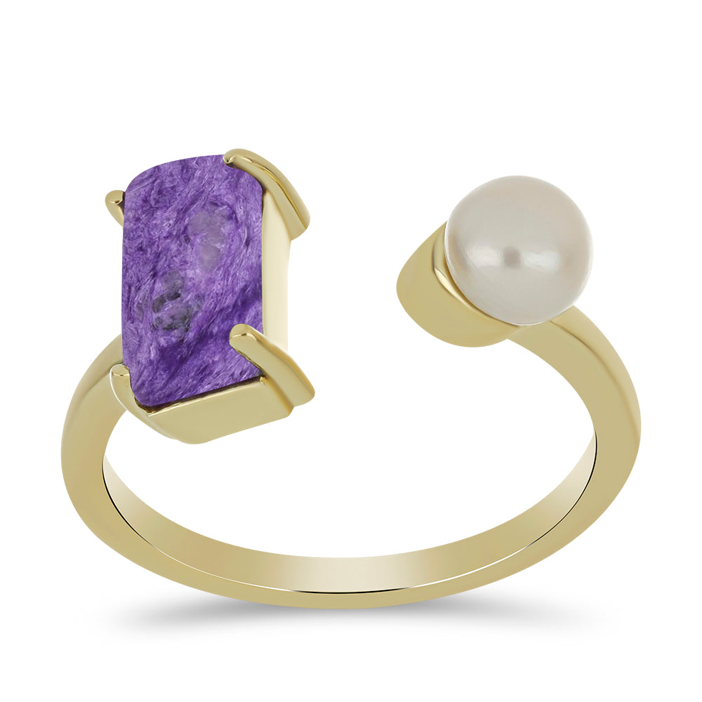 Goldplattierter Silberring mit Charoit und weißer Süßwasserperle 3