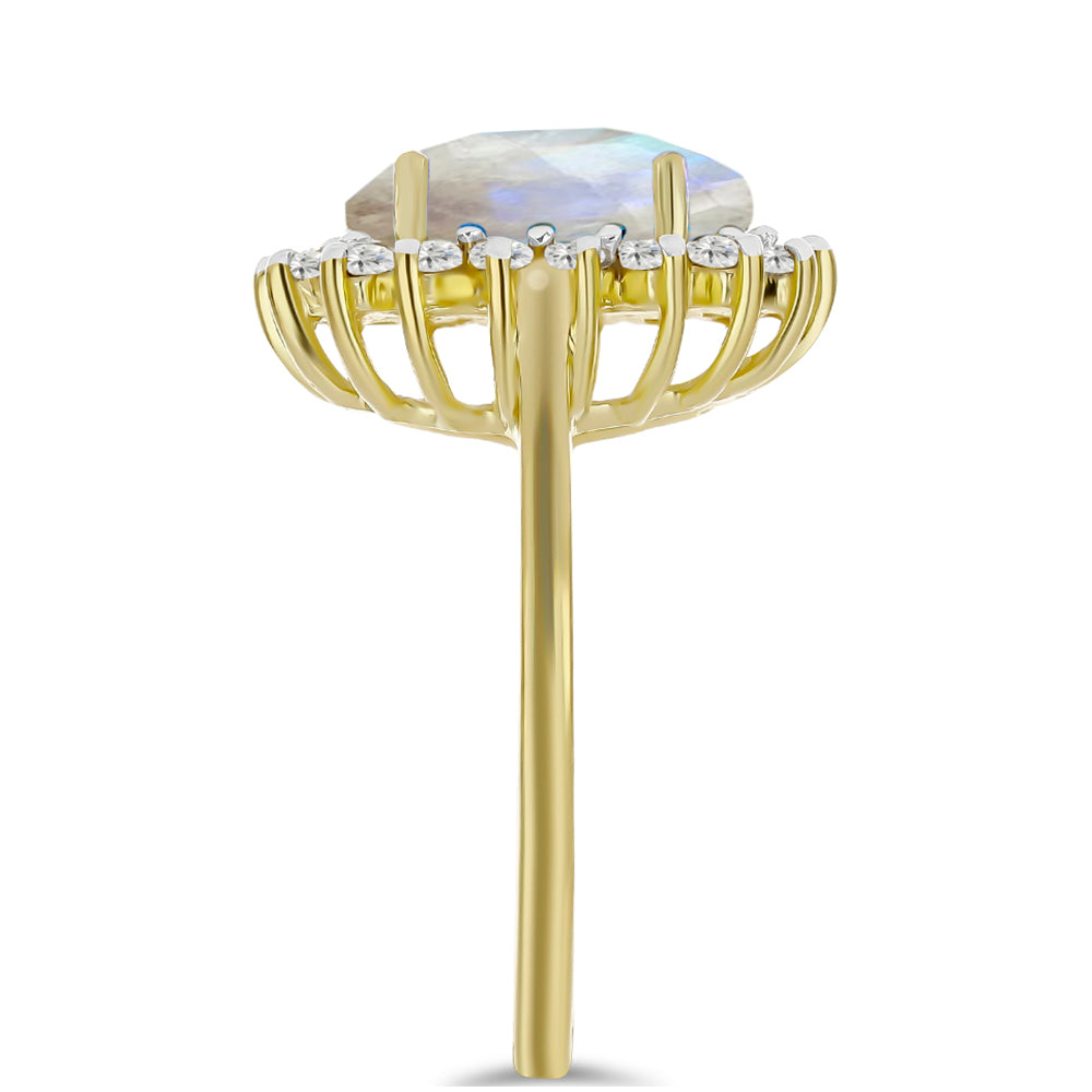 Goldplattierter Silberring mit Regenbogenmondstein und weißem Topas