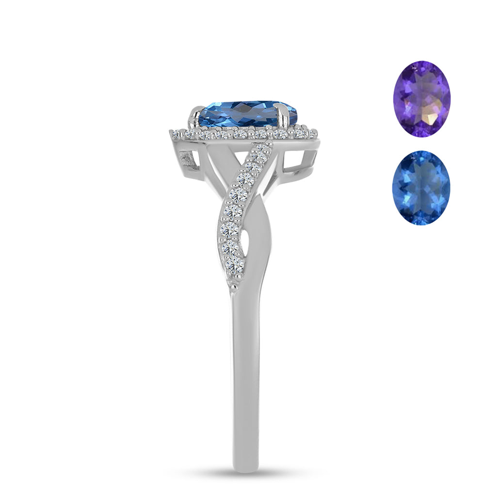 Silberring mit farbwechselndem Fluorit und weißem Topas