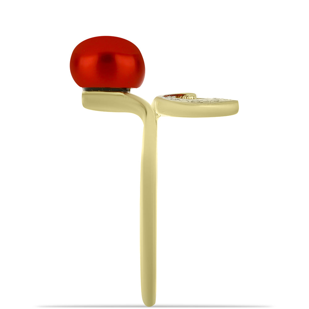 Goldplattierter Silberring mit roter Süßwasserperle und weißem Topas