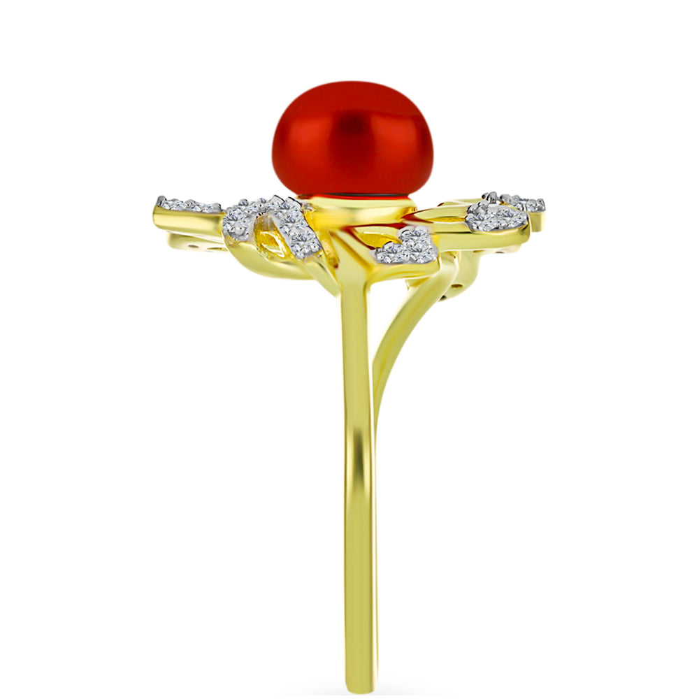 Goldplattierter Silberring mit roter Süßwasserperle und weißem Topas