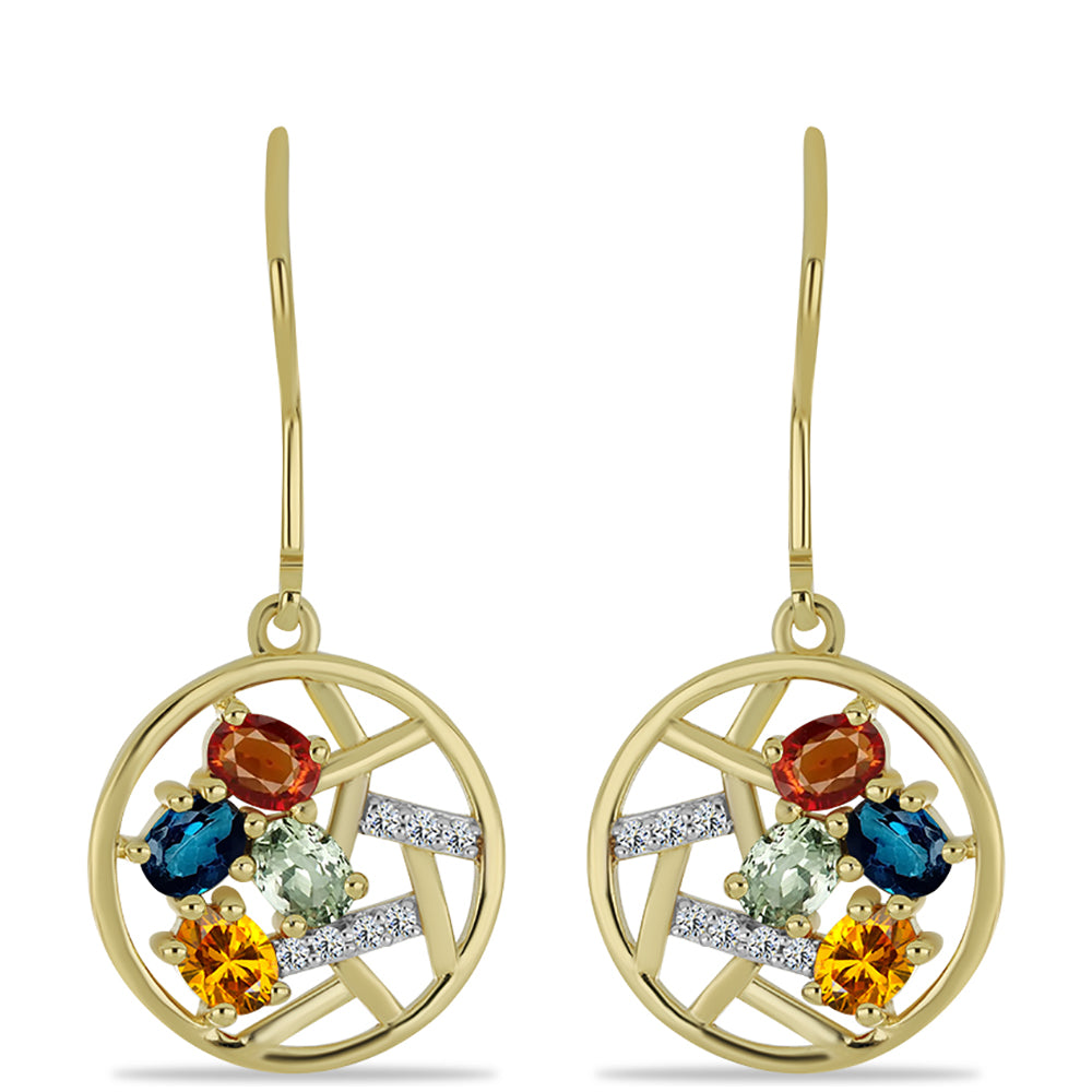 Goldplattierte Silberohrringe mit regenbogenfarbenem Rosebery Saphir und weißem Topas