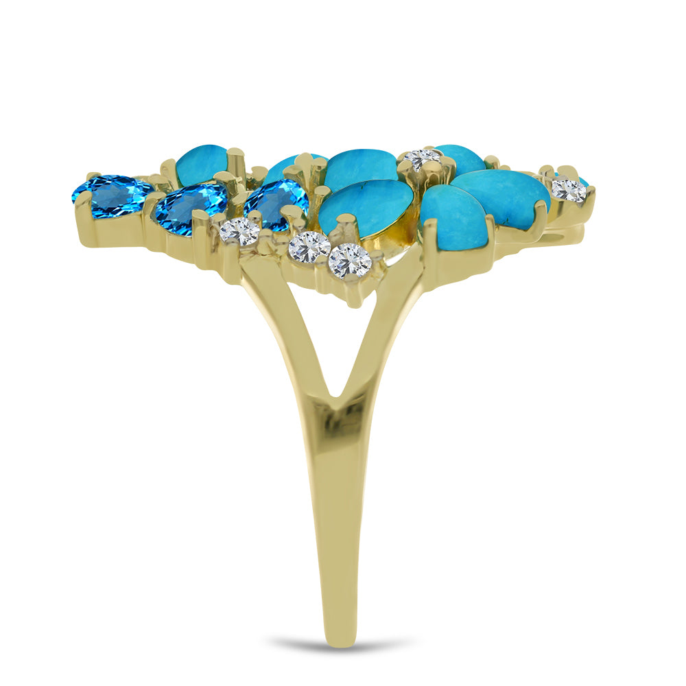 Goldplattierter Silberring mit Dornröschen Türkis und schweizerischem Blautopas