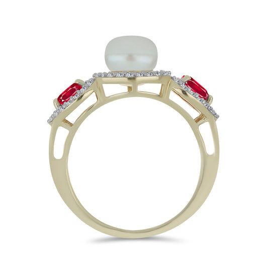 Goldplattierter Silberring mit weißer Süßwasserperle und Rubin aus Madagaskar