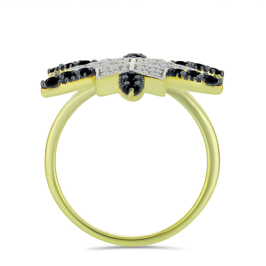 Goldplattierter Silberring mit schwarzem Spinell und weißem Topas