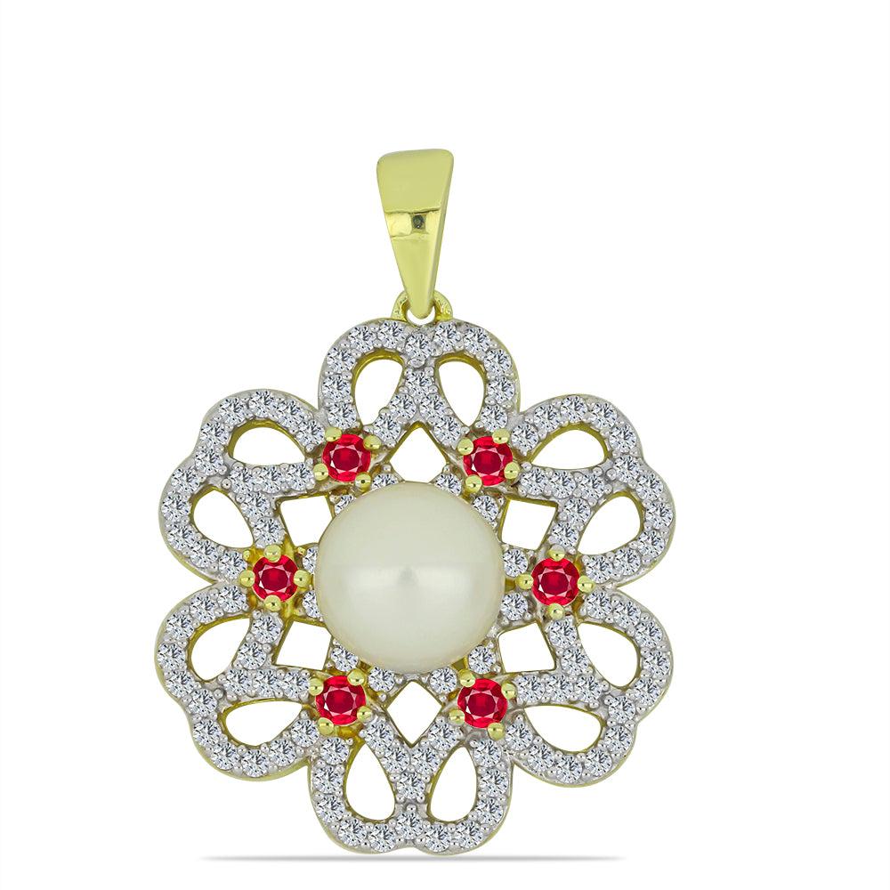 Goldplattierter Silberanhänger mit weißer Süßwasserperle und Rubin aus Madagaskar 1