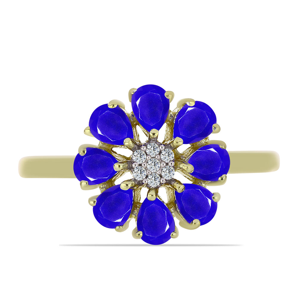 Goldplattierter Silberring mit blauem Achat und weißem Topas