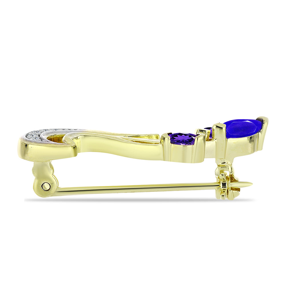 Goldplattierte Silberbrosche mit blauem Achat und marokkanischem Amethyst