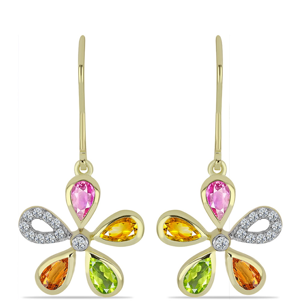 Goldplattierte Silberohrringe mit regenbogenfarbenem Rosebery Saphir und weißem Topas 1