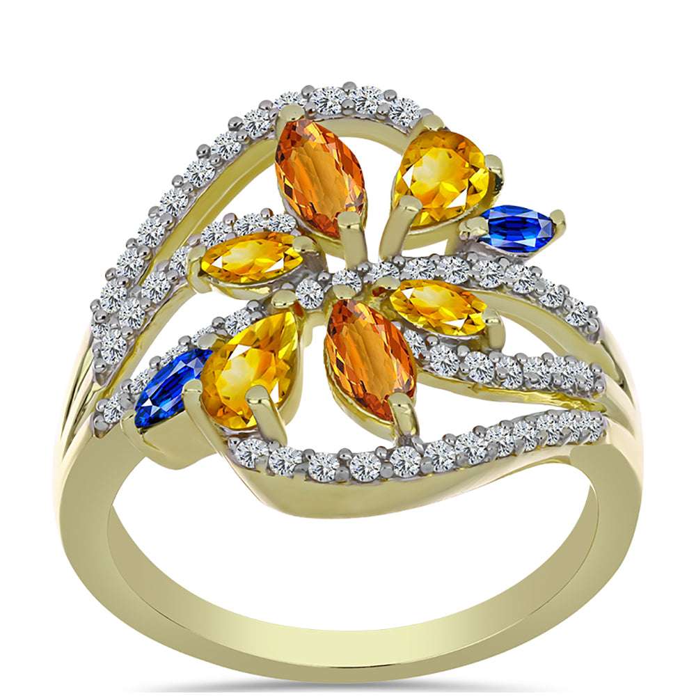 Goldplattierter Silberring mit regenbogenfarbenem Rosebery Saphir und weißem Topas