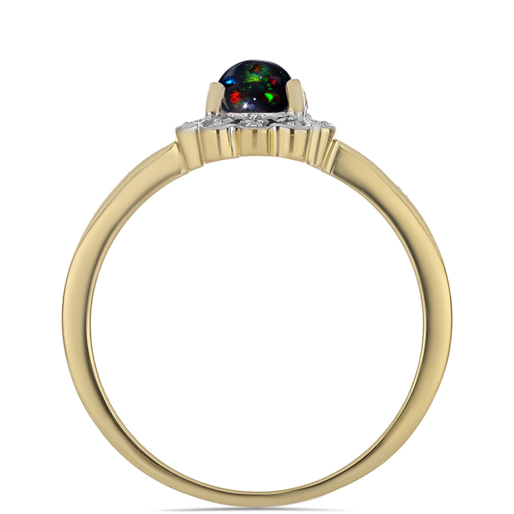 Goldplattierter Silberring mit mitternachtsschwarzem äthiopischen Opal aus Lega Dembi und weißem Topas