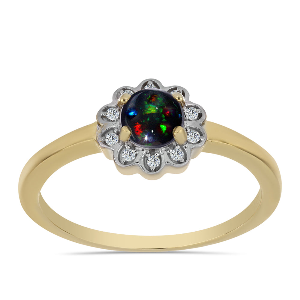 Goldplattierter Silberring mit mitternachtsschwarzem äthiopischen Opal aus Lega Dembi und weißem Topas