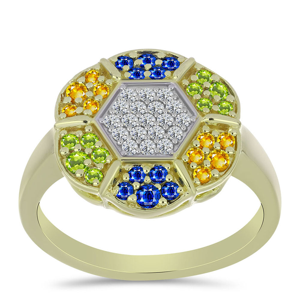 Goldplattierter Silberring mit regenbogenfarbenem Rosebery Saphir und weißem Topas 3