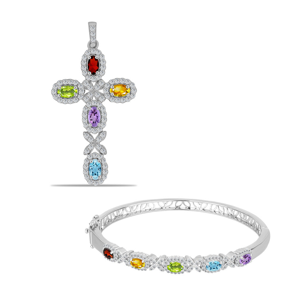 schmuckgarnitur aus Silber mit Rose De France Amethyst und Zitrin aus dem Ural