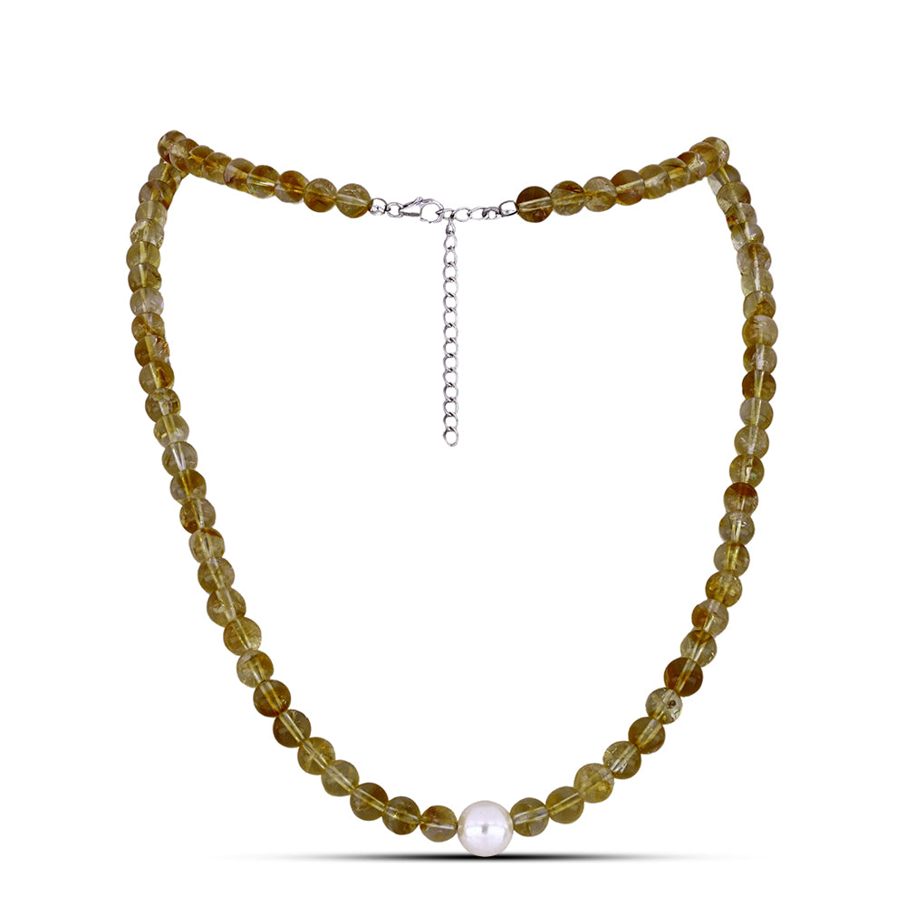 Silberhalskette mit Zitrin aus dem Ural und weißer Süßwasserperle