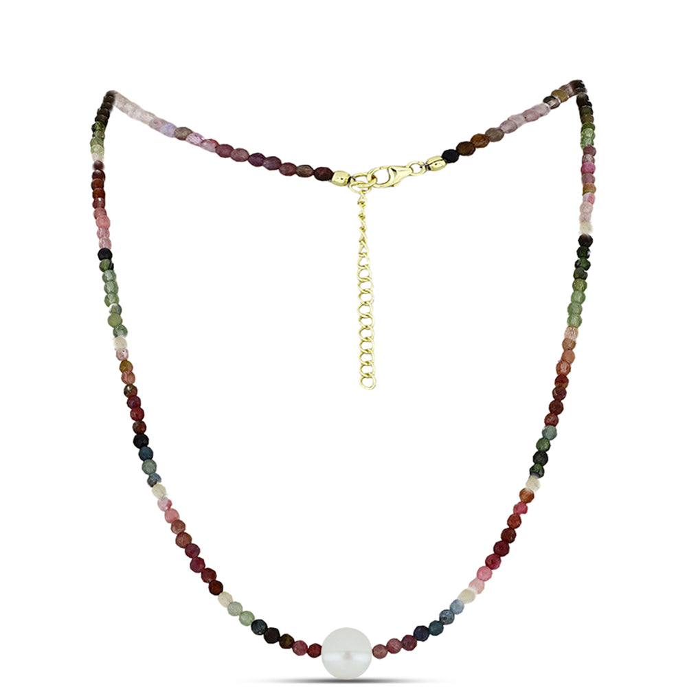 Goldplattierte Silberhalskette mit Chakra Turmalin und weißer Süßwasserperle