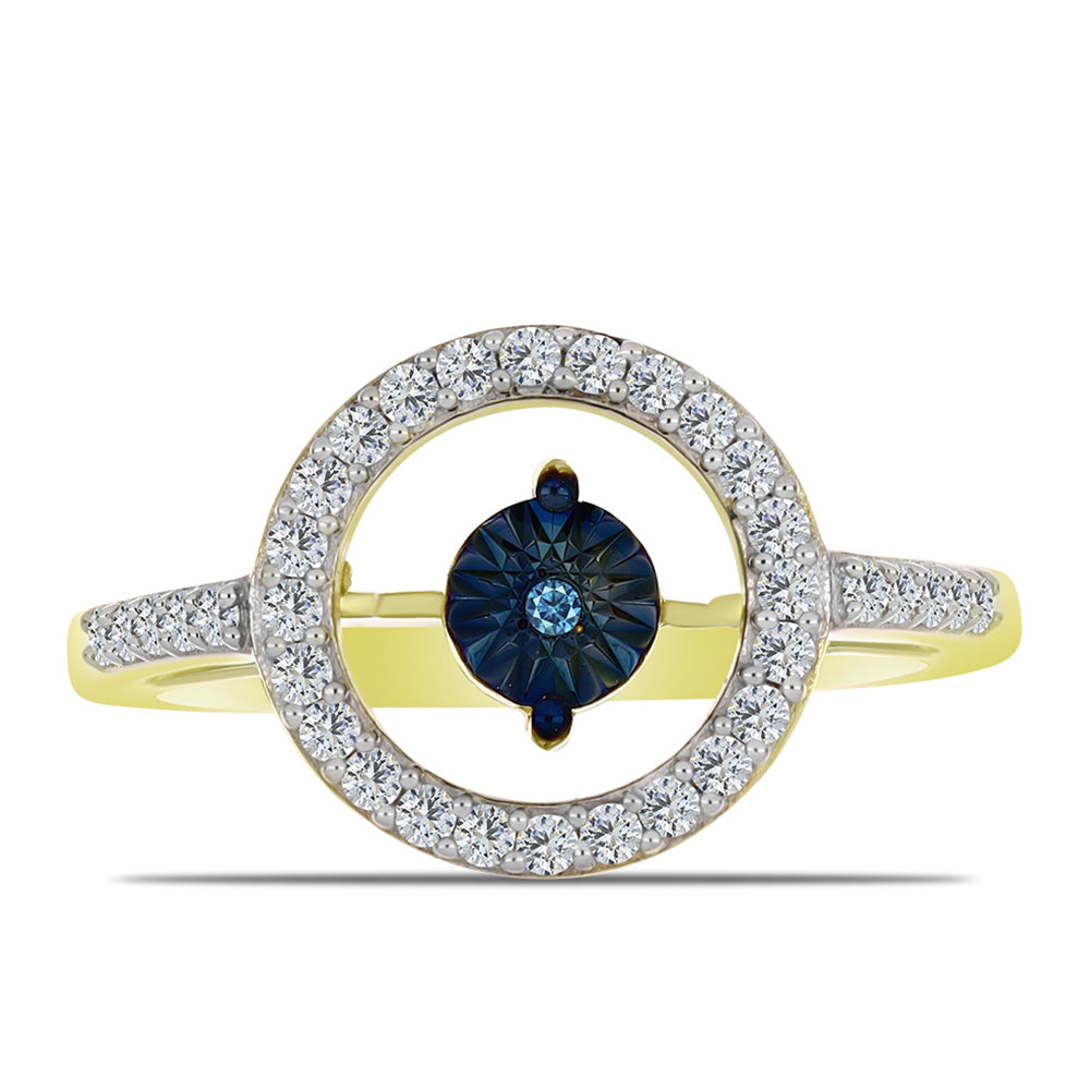 Goldplattierter Silberring mit blauem tanzendem Diamanten und weißem Topas