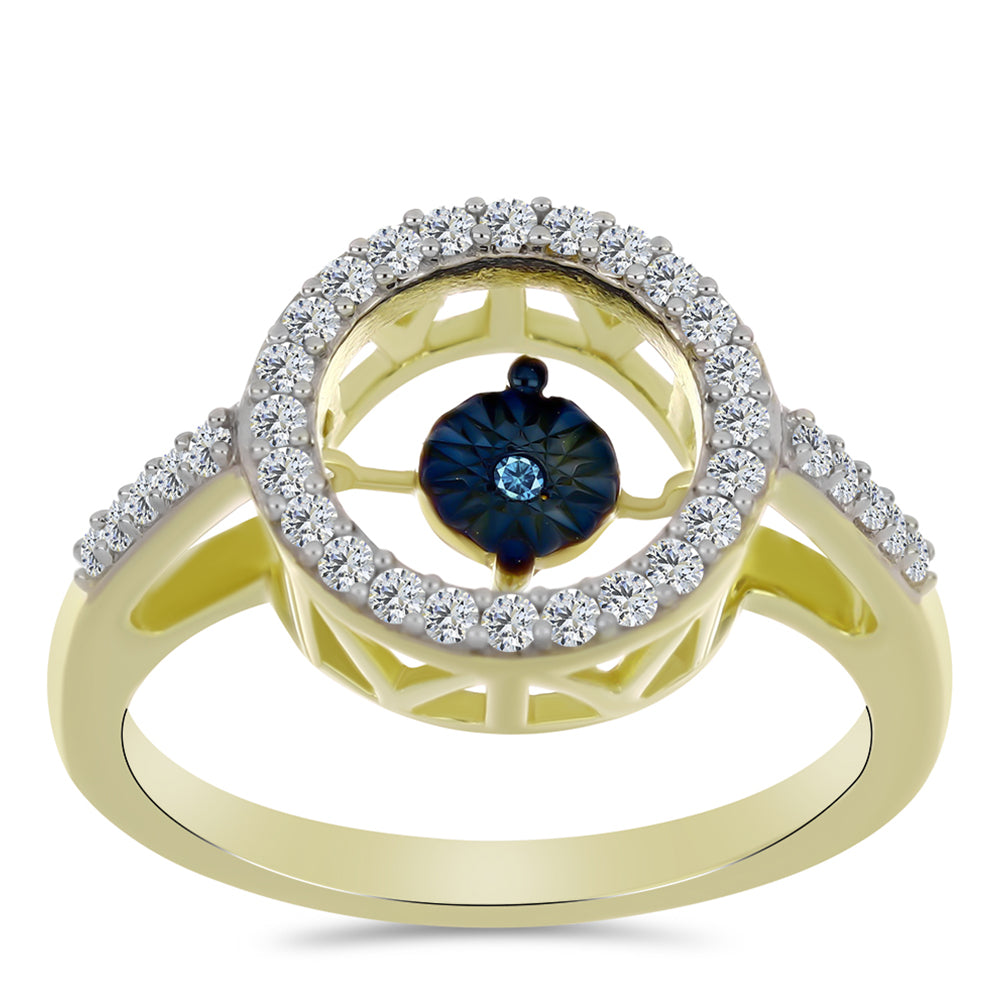 Goldplattierter Silberring mit blauem tanzendem Diamanten und weißem Topas