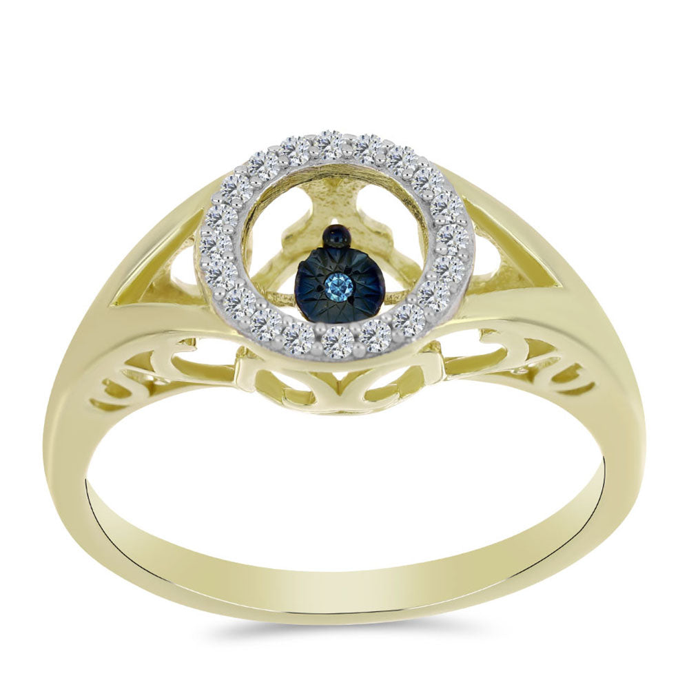 Goldplattierter Silberring mit blauem tanzendem Diamanten und weißem Topas