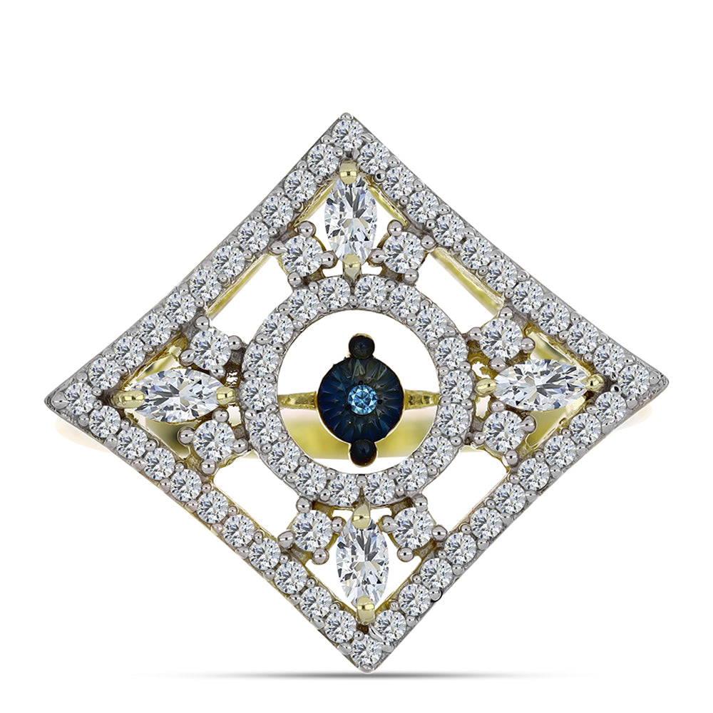Goldplattierter Silberring mit blauem tanzendem Diamanten und weißem Topas