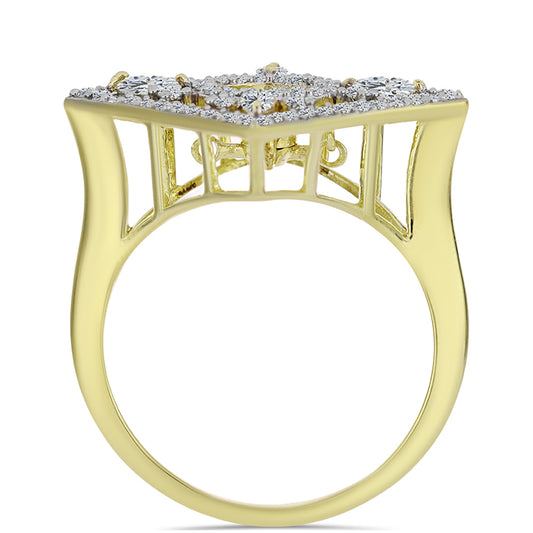 Goldplattierter Silberring mit blauem tanzendem Diamanten und weißem Topas