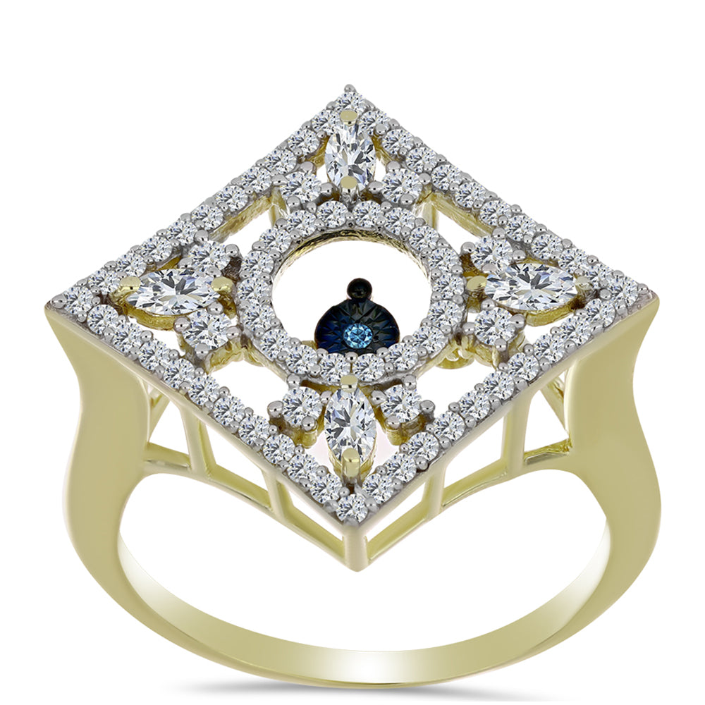 Goldplattierter Silberring mit blauem tanzendem Diamanten und weißem Topas