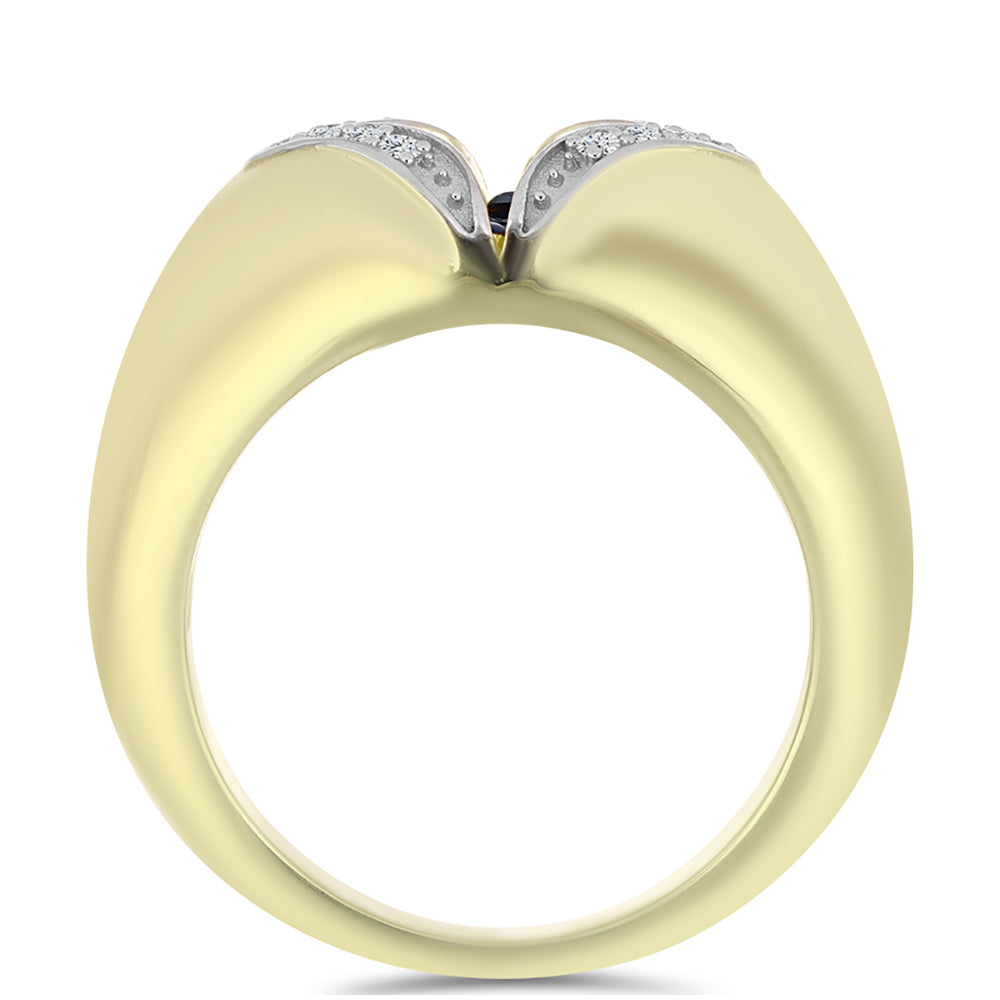 Goldplattierter Silberring mit blauem tanzendem Diamanten und weißem Topas
