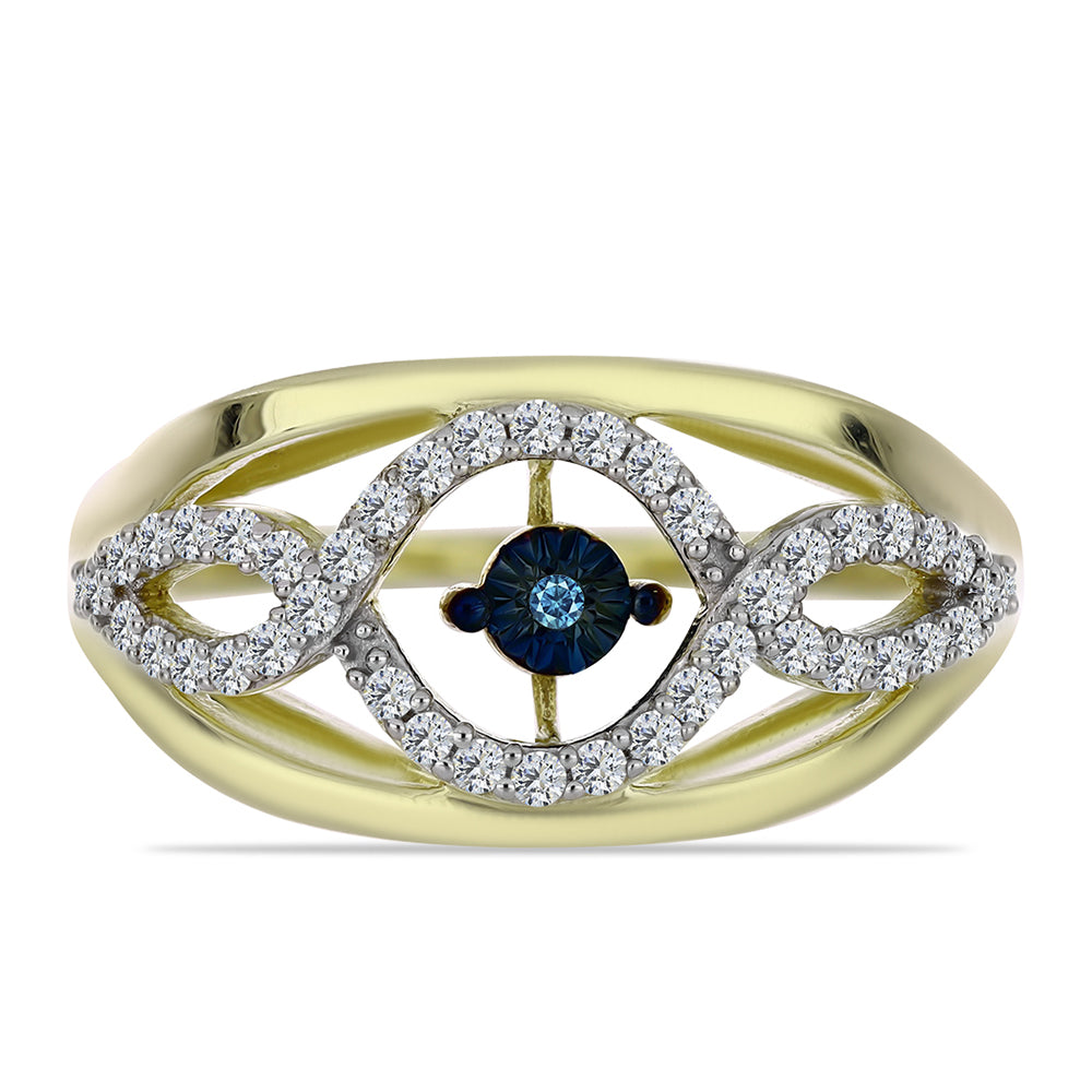 Goldplattierter Silberring mit blauem tanzendem Diamanten und weißem Topas