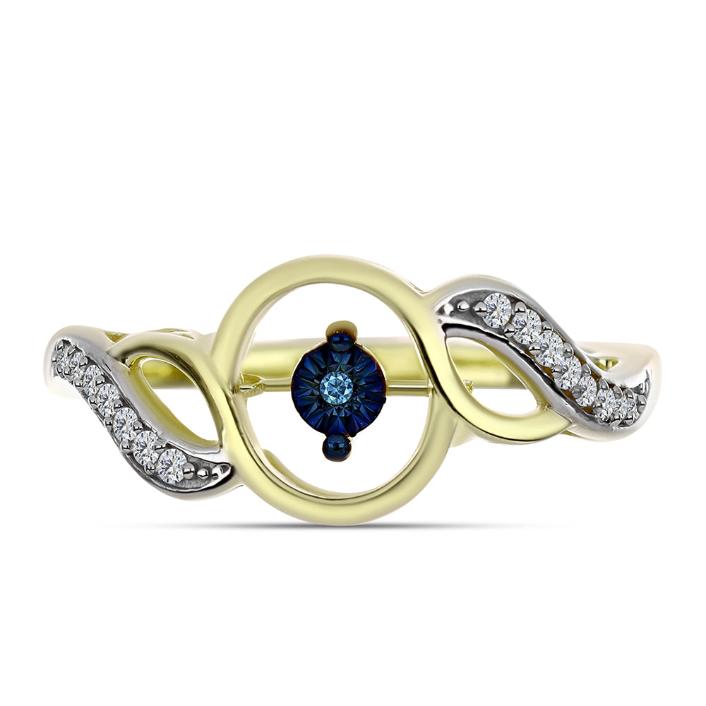 Goldplattierter Silberring mit blauem tanzendem Diamanten und weißem Topas