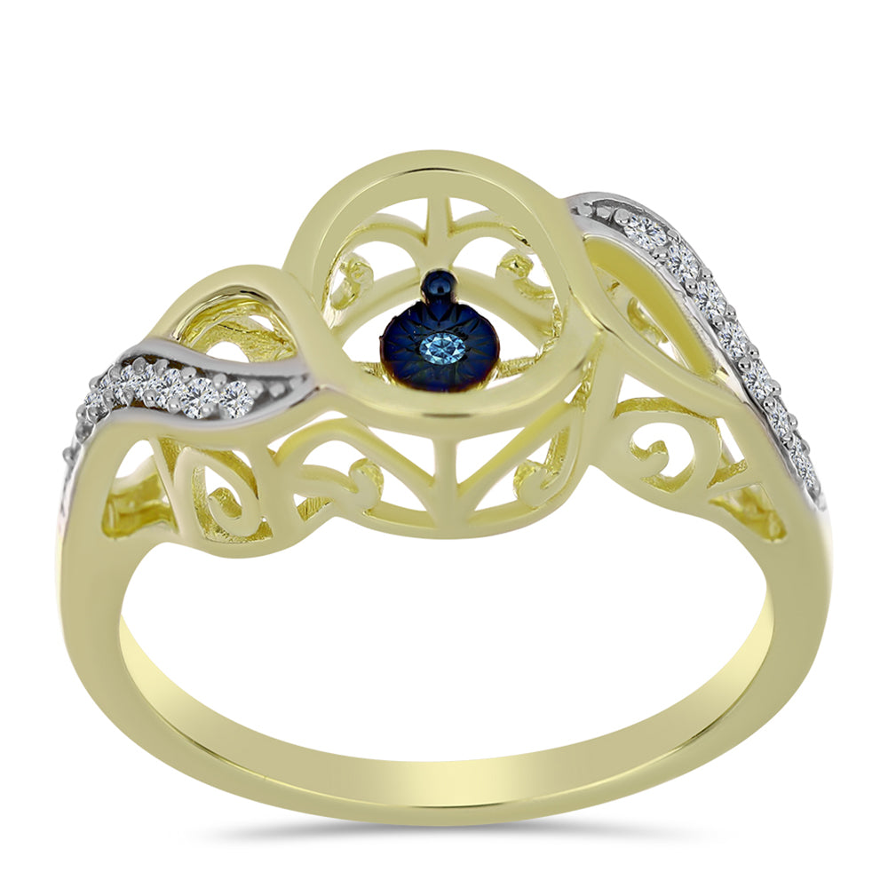 Goldplattierter Silberring mit blauem tanzendem Diamanten und weißem Topas