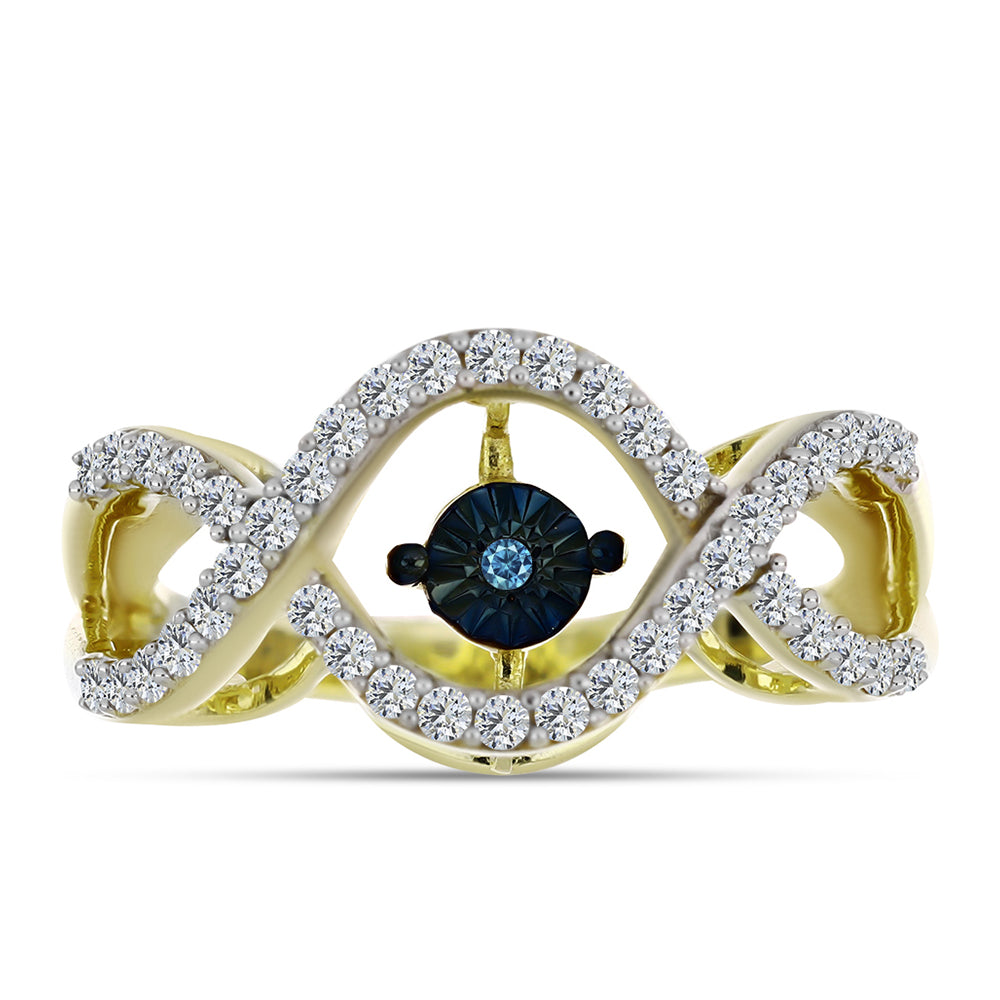 Goldplattierter Silberring mit blauem tanzendem Diamanten und weißem Topas