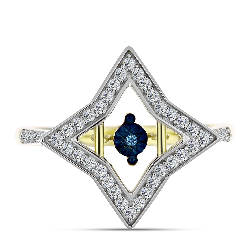 Goldplattierter Silberring mit blauem tanzendem Diamanten und weißem Topas