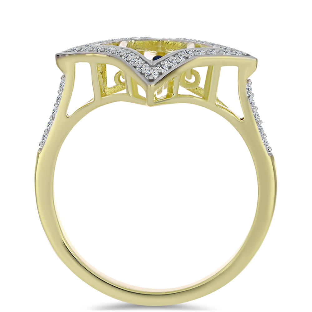 Goldplattierter Silberring mit blauem tanzendem Diamanten und weißem Topas