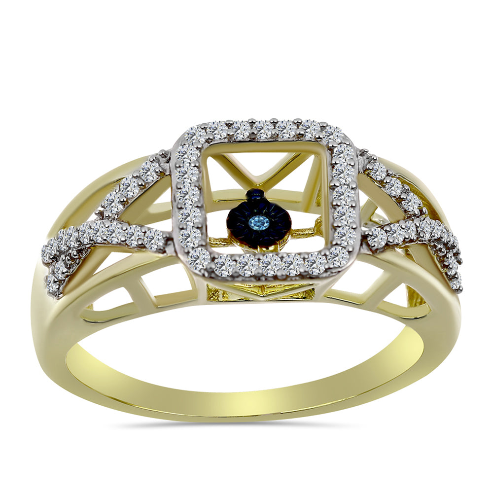 Goldplattierter Silberring mit blauem tanzendem Diamanten und weißem Topas