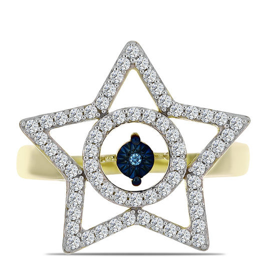 Goldplattierter Silberring mit blauem tanzendem Diamanten und weißem Topas