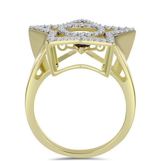 Goldplattierter Silberring mit blauem tanzendem Diamanten und weißem Topas