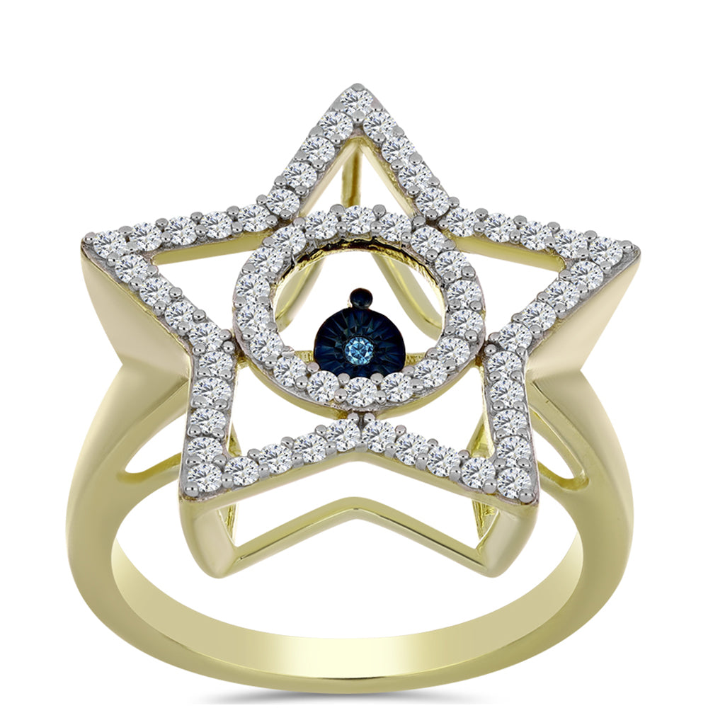 Goldplattierter Silberring mit blauem tanzendem Diamanten und weißem Topas